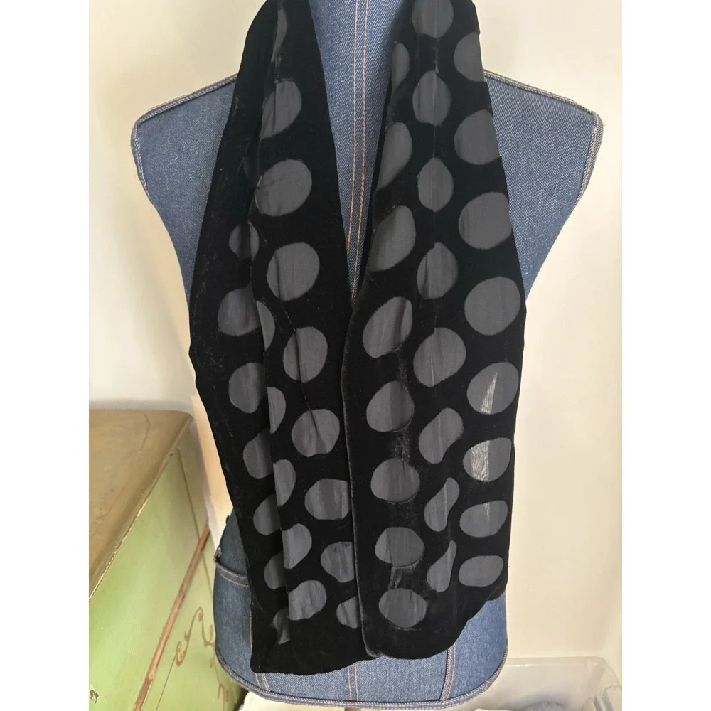 Sheer Black Velvet Circle Dots Skinny Scarf Silk and Rayon Etched Neck